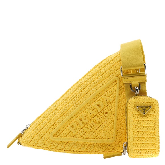 Prada Triangle Crossbody Yellow Logo Crochet 1BH190 New - Picture 2 of 8
